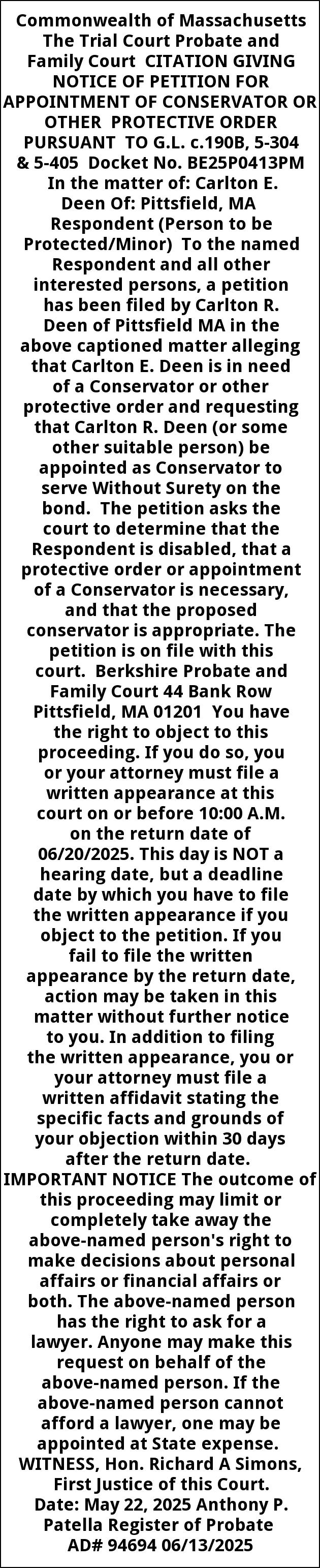Citation, Trial Court Probate and Family Court, Pittsfield, MA