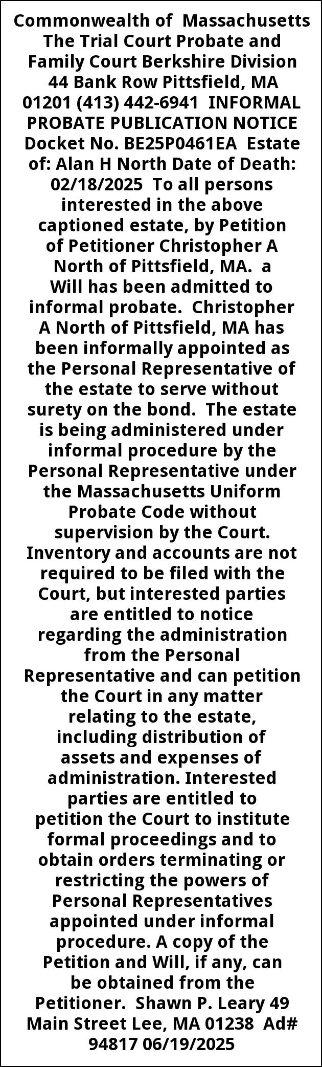 Informal Probate Publication Notice, Trial Court Probate and Family Court, Pittsfield, MA