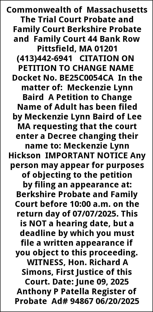 Citation, Trial Court Probate and Family Court, Pittsfield, MA