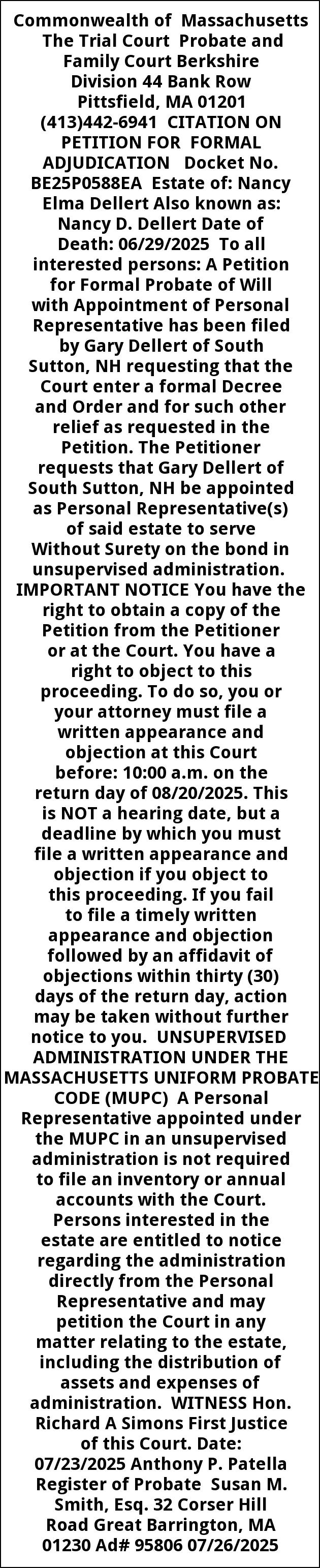 Informal Probate Publication Notice, Trial Court Probate and Family Court, Pittsfield, MA
