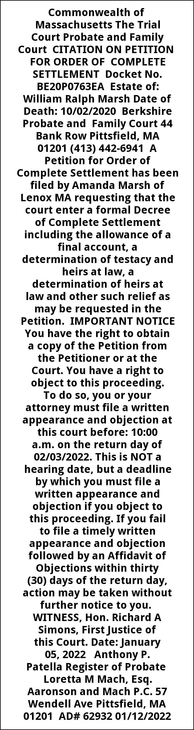 Citation On Petition for Order of Complete Settlement