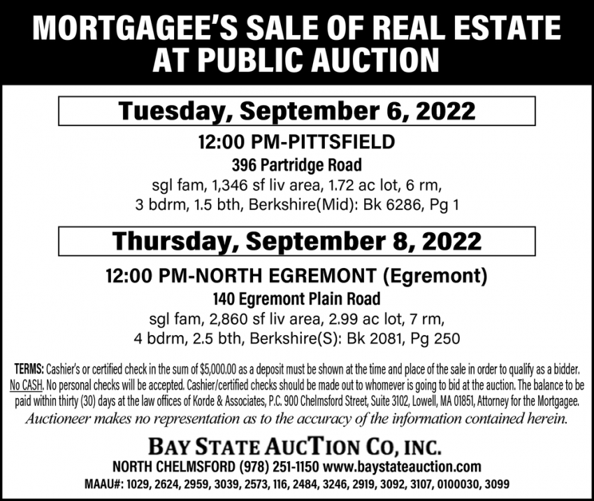 Mortgagee's Sale of Real Estate at Public Auction
