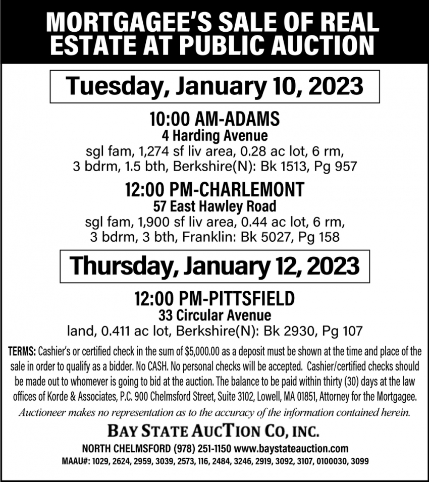 Mortgagee's Sale of Real Estate at Public Auction