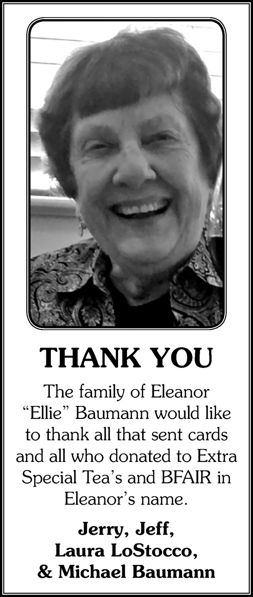 Thank You from the Family of Eleanor ''Ellie'' Baumann