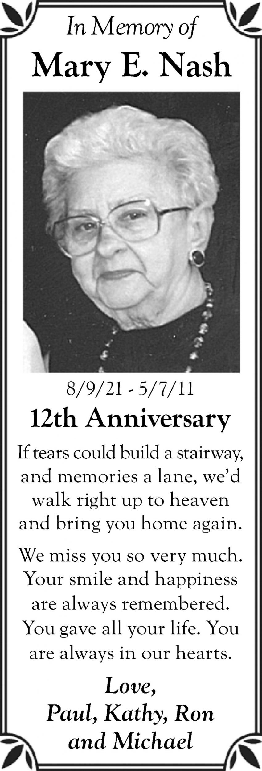 In Memory of Mary E. Nash