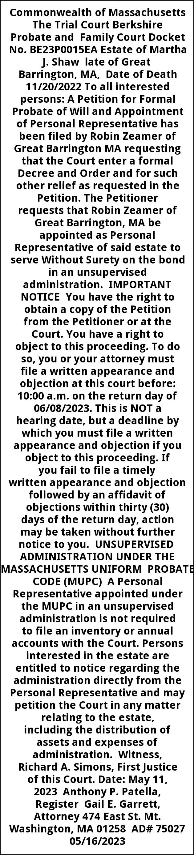 Informal Probate Publication Notice