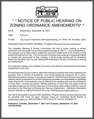 Notice of Public Hearing on Zoning Ordinance Amendments