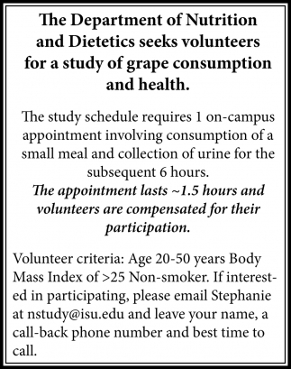 Volunteers For A Study Of Grape Consumption and Health