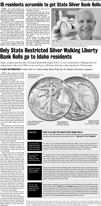 Only State Restricted Silver Walking Liberty Bank Rolls go to Idaho residents
