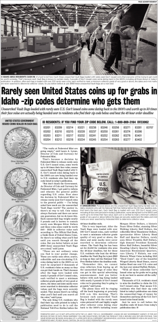 Rarely Seen United State Coins Up for Grabs In Idaho -zip Codes Determine Who Gets Them