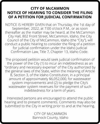Notice of Hearing To Consider The Filing Of A Petition For Judicial Confirmation