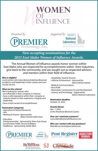 Now Accepting Nominations for The 2022 East Idaho Women of Influence Awards