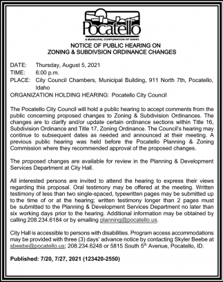 Notice OD Public Hearing On Zoning & Subdivision Ordinance Changes