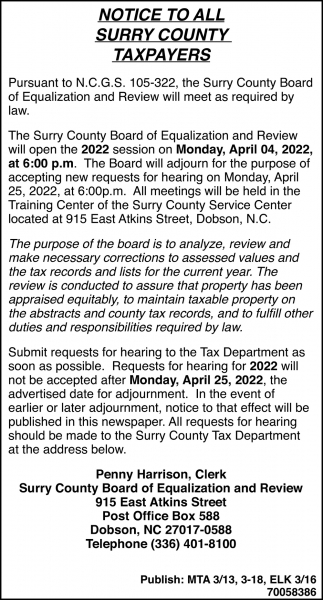 Notice To All Surry County Taxpayers
