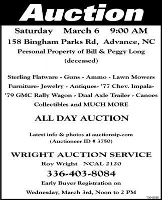 Auction: Saturday, March 6 9:00 AM
