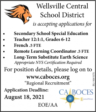 Secondary School Special Education, Teacher 12:1:1- grades 6-12, French .5 FTE, Remote Learning Coordinator .5 FTE, Long-Term Substitute Earth Science