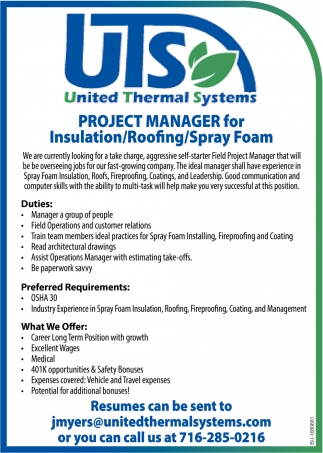 Project Manager for Insulation/Roofing/Spray Foam