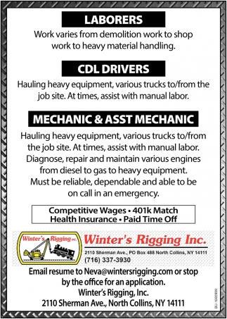 Laborers - CDL Drivers - Mechanic & Assistant Mechanic