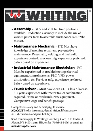 Assembly, Maintenance Mechanic, Maintenance Electrician