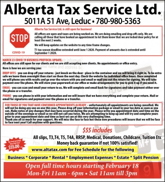 STOP COVID 19 Alberta Tax Services Ltd. Leduc AB