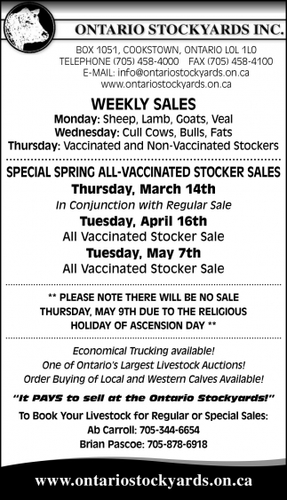 Weekly Sales, Ontario Stockyards Inc., Cookstown, ON