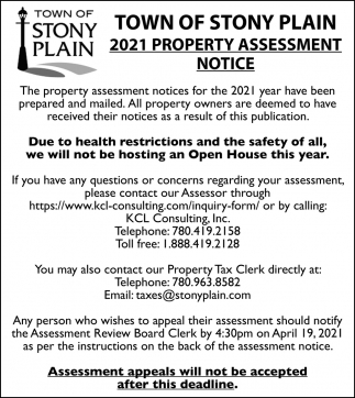 2021 Property Assessment Notice, Town Of Stony Plain