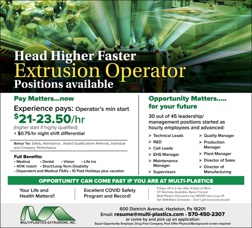 Extrusion Operator Positions Available, Multi Plastics