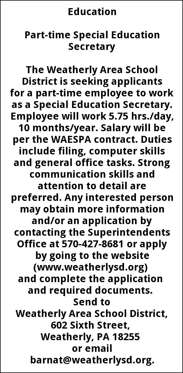 Part Time Special Education Secretary