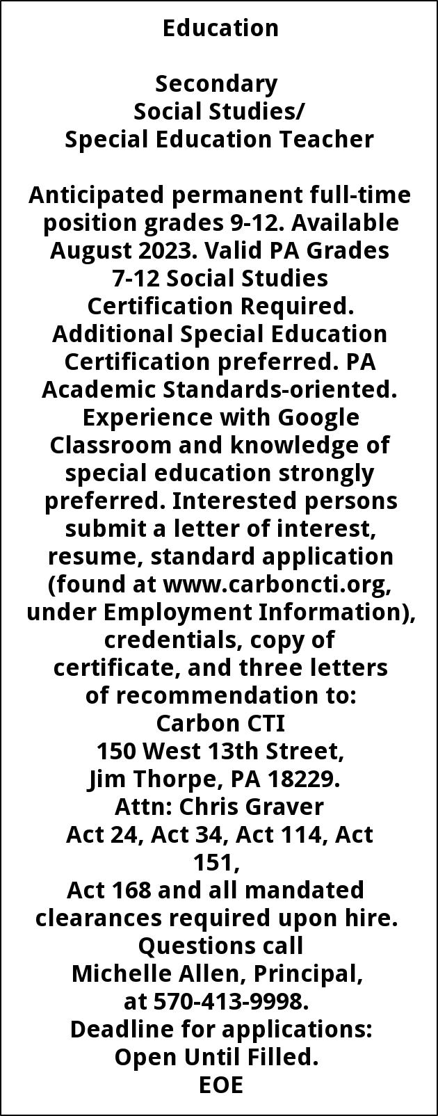 Secondary Social Studies/Special Education Teacher