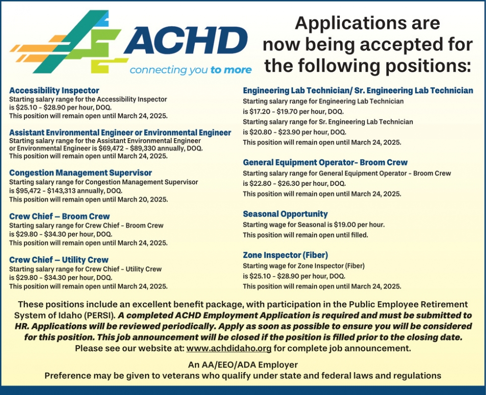 Applications Are Now Being Accepted for The Following Positions