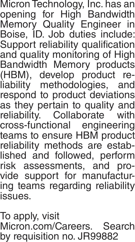High Bandwidth Memory Quality Engineer