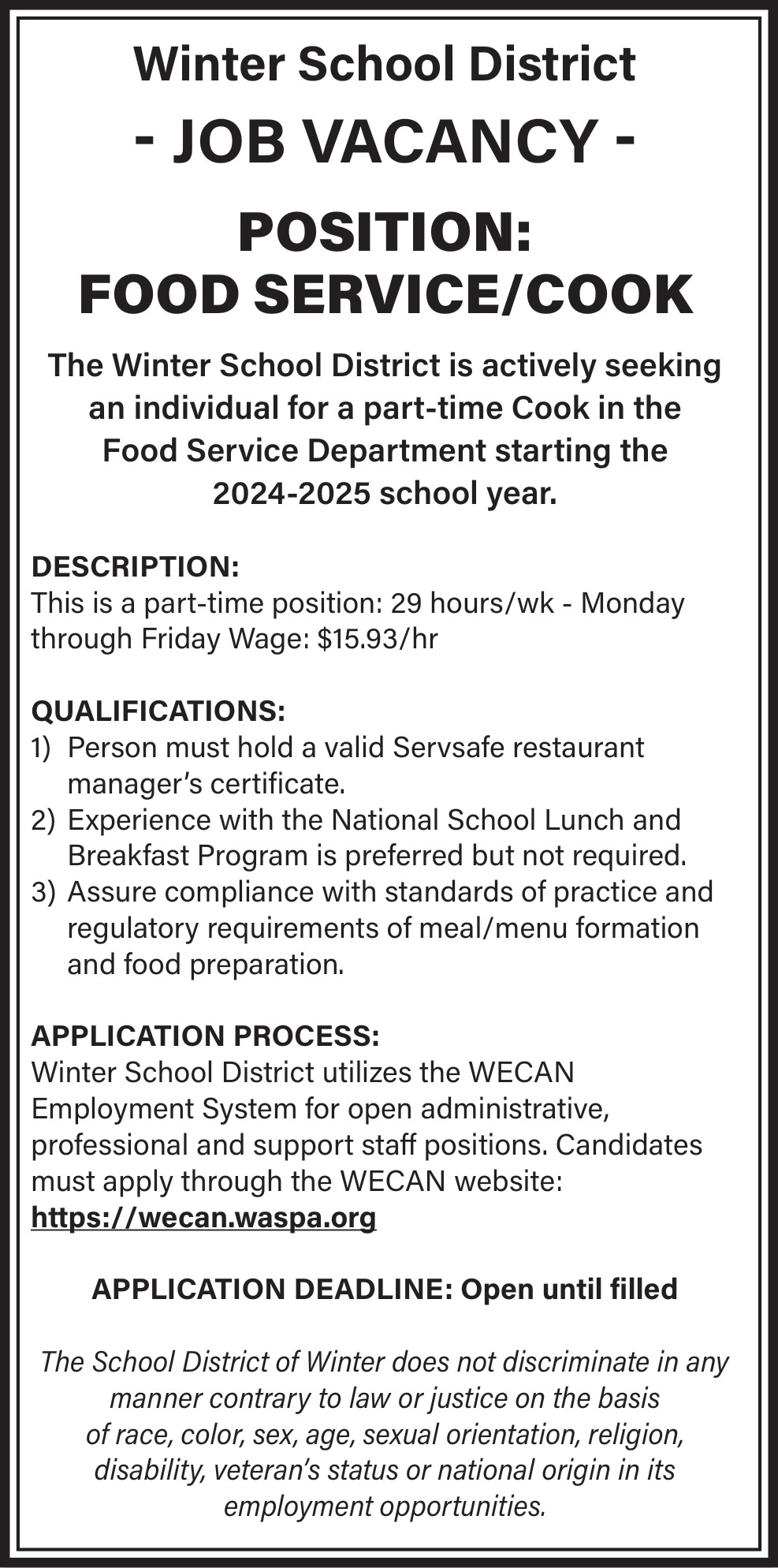 Food Service / Cook, Winter School District, Winter, WI