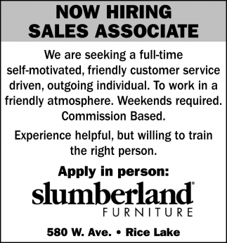 Sales Associate Slumberland Furniture Rice Lake Rice Lake Wi