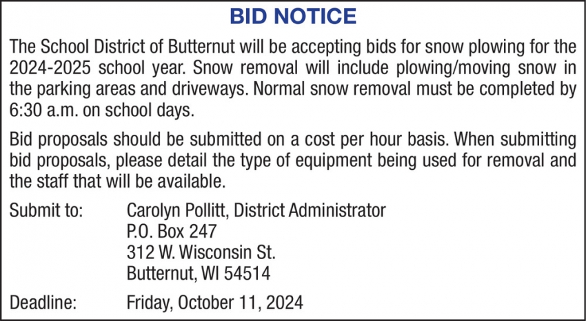 Snow Plowing, Butternut School District, Butternut, WI