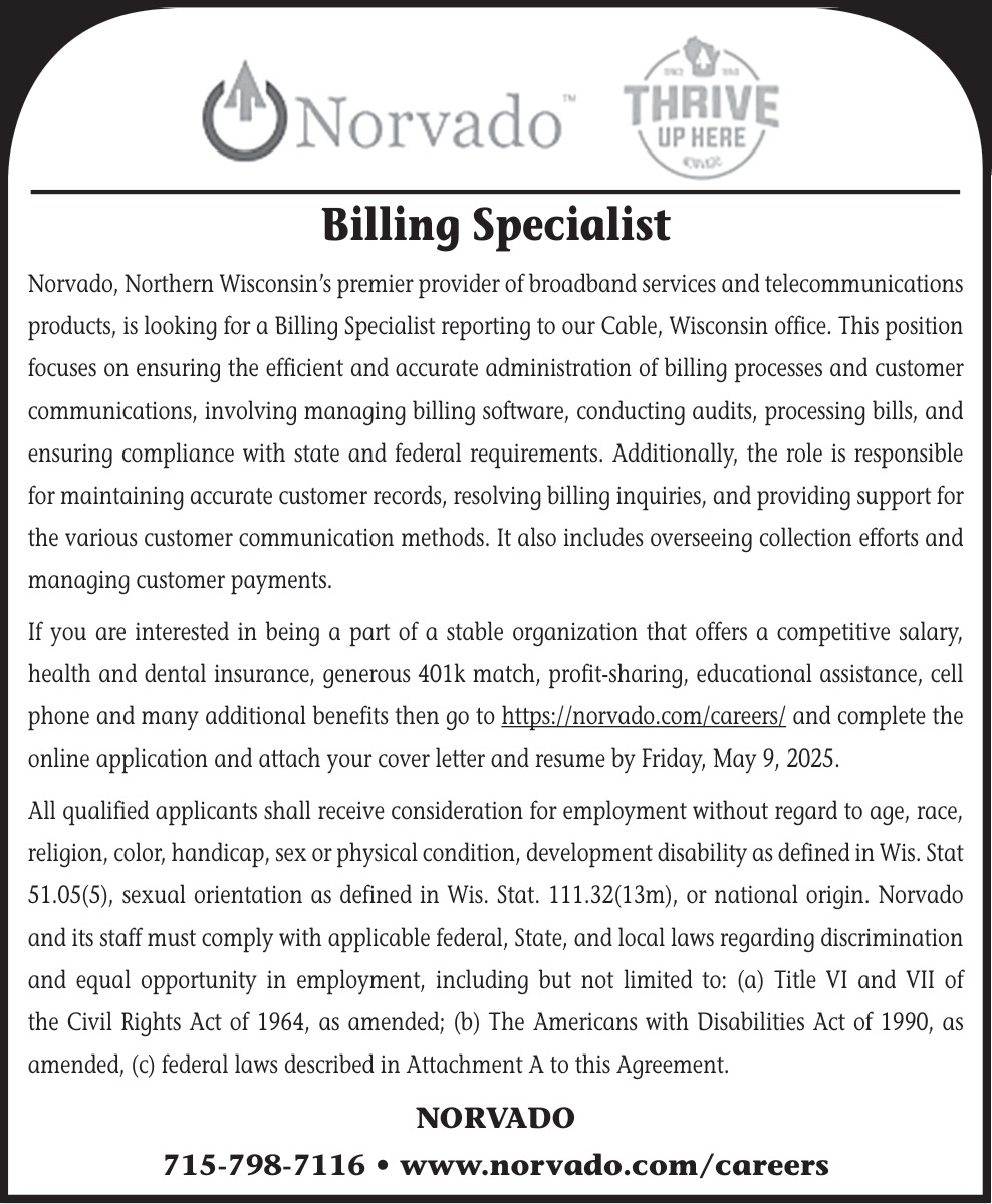 Billing Specialist, Norvado, Cable, WI