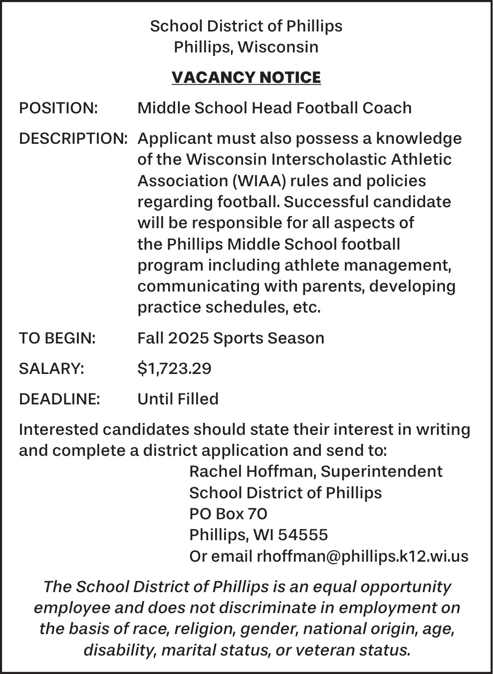 Middle School Head Football Coach, School District of Phillips , Phillips, WI