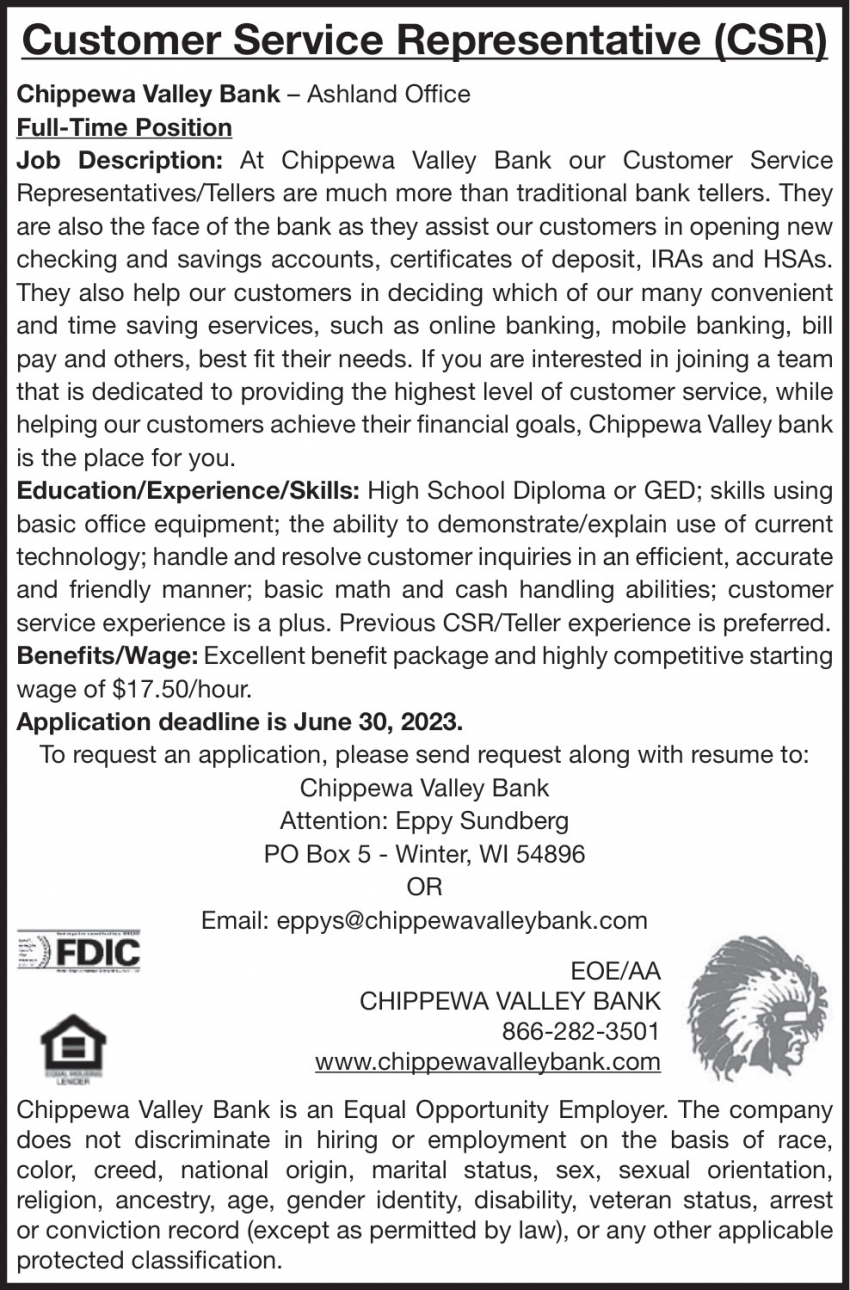 Customer Service Representative Chippewa Valley Bank Winter WI