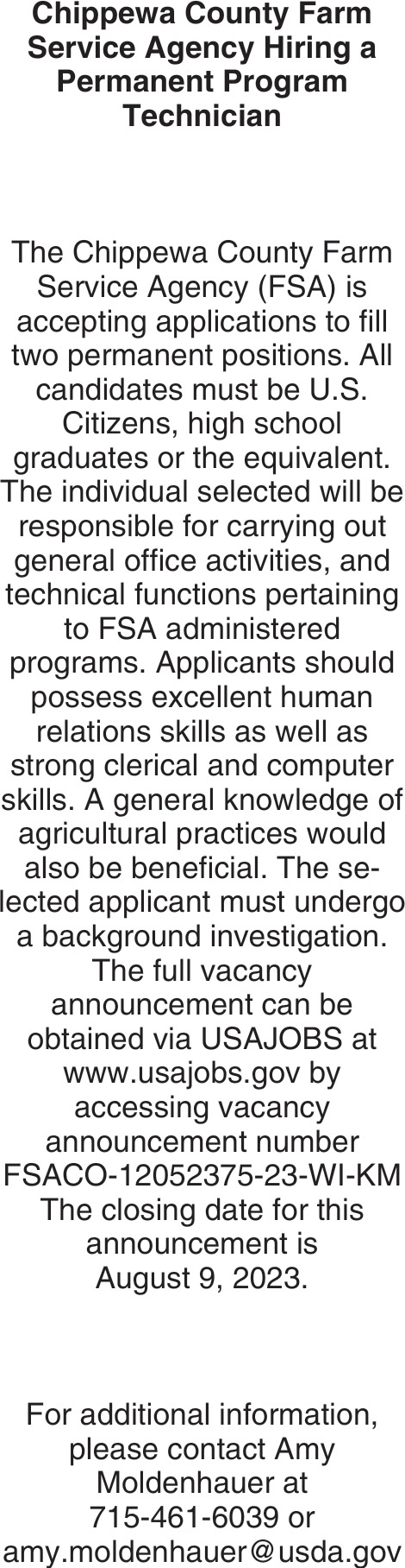 Program Technician Chippewa County Farm Service Agency