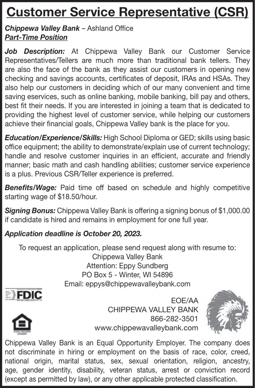 Customer Service Representative Chippewa Valley Bank Winter WI