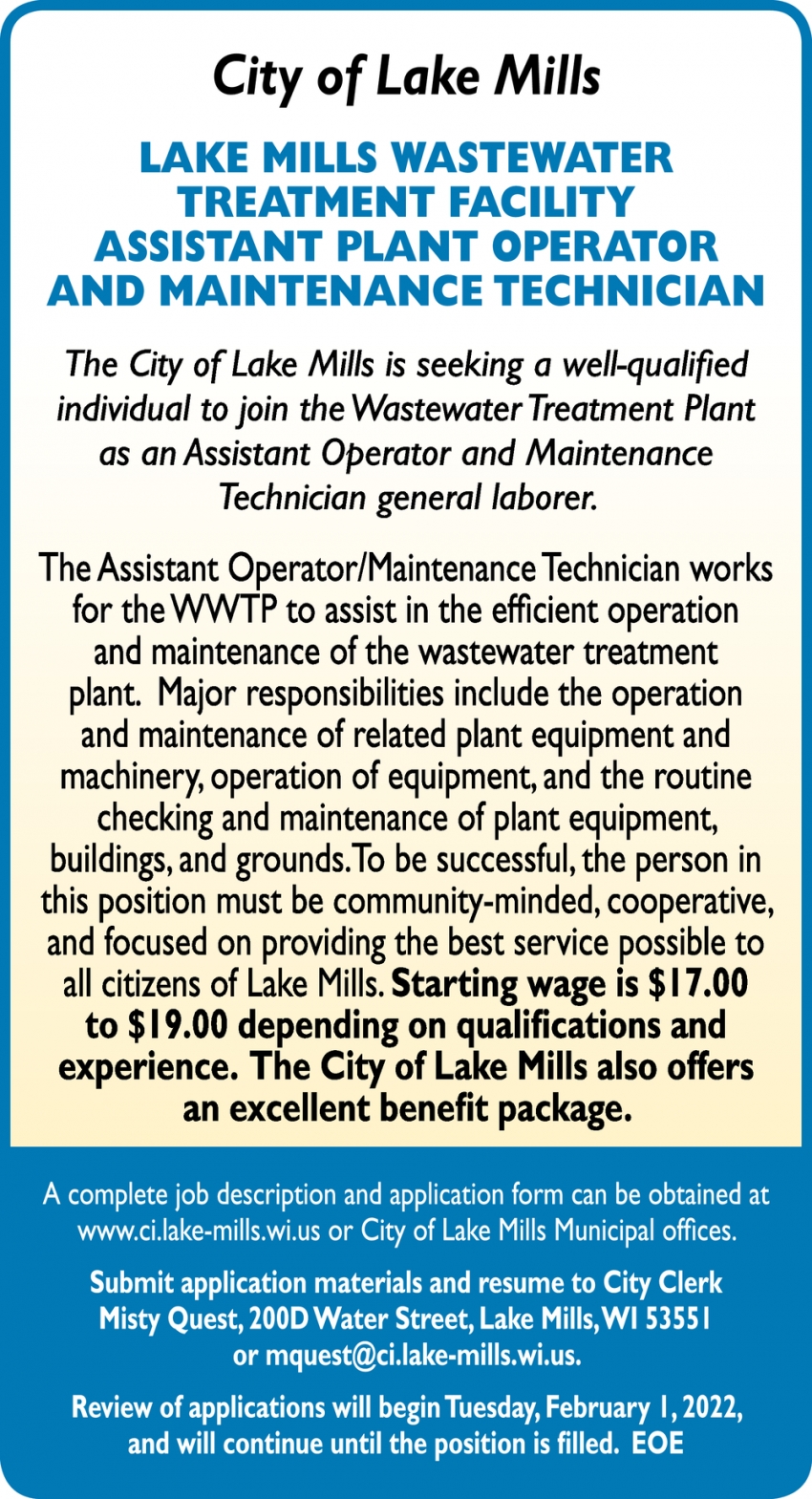 Assistant Plant Operator / Maintenance Technician