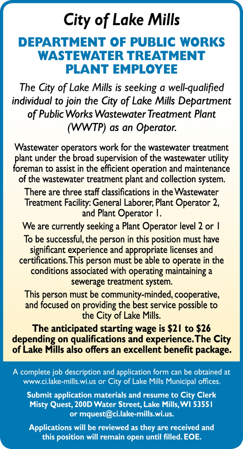Wastewater Treatment Plant Employee