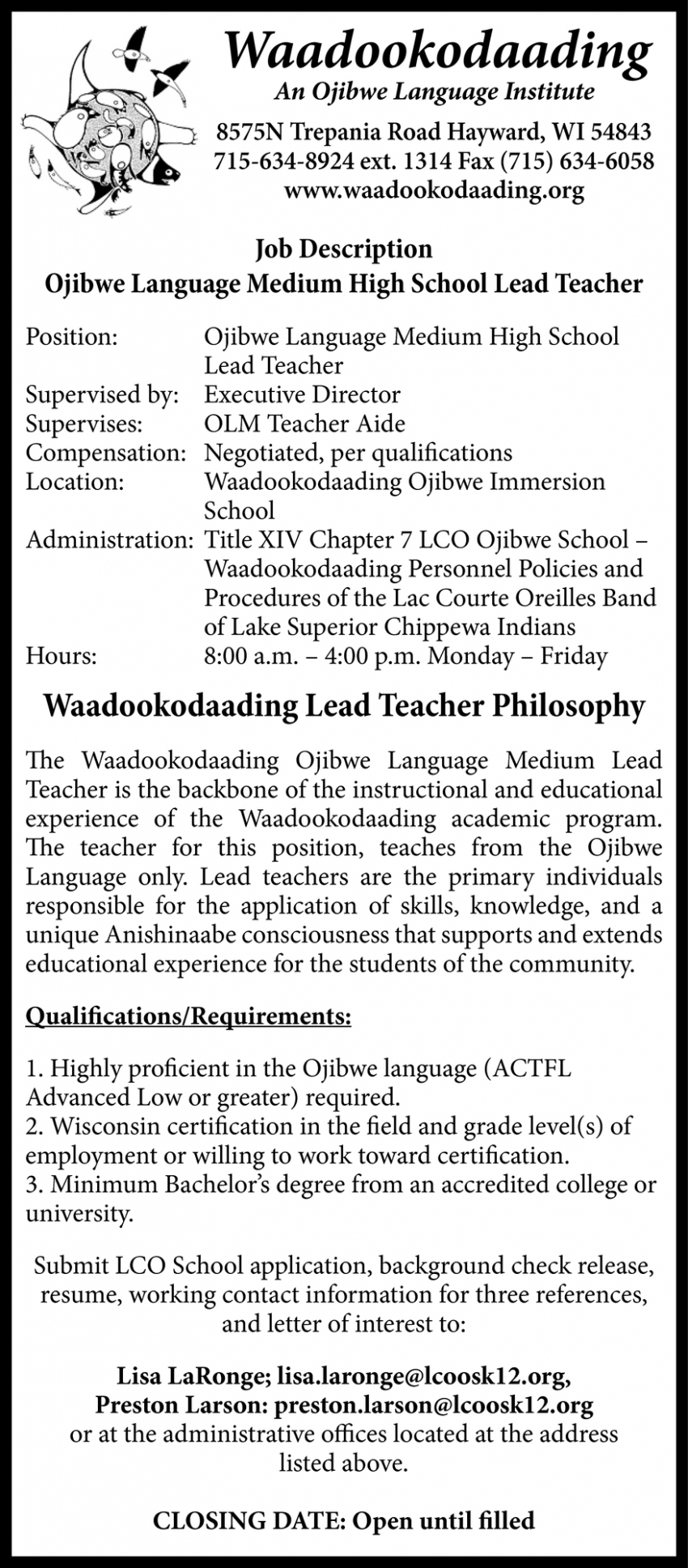 Ojibwe Language Medium High School Lead Teacher