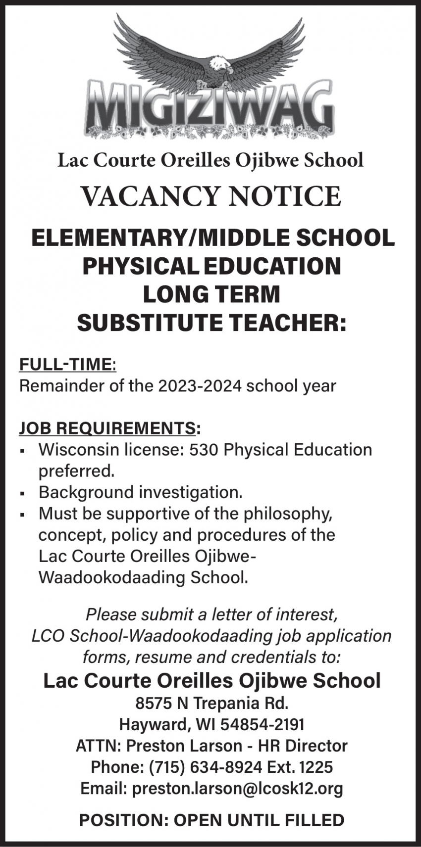 Elementary/Middle School Physical Education Long Term Substitute Teacher