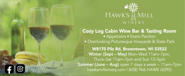 Cozy Log Cabin Wine Bar & Tasting Room, Hawk's Mill Winery, Browntown, WI