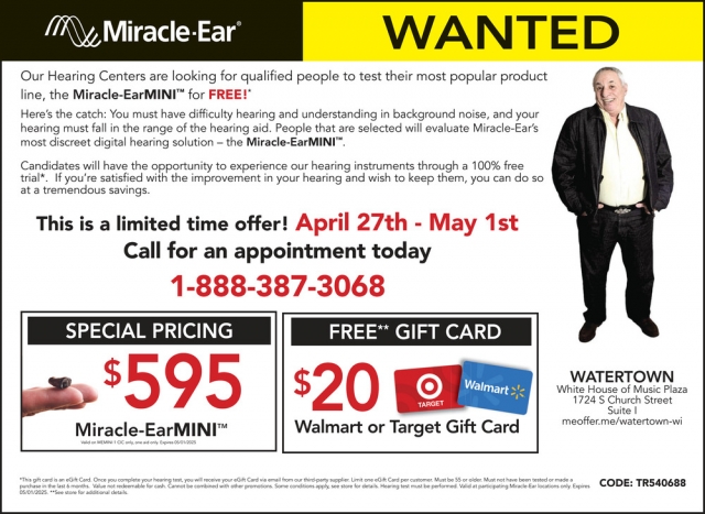 Qualified Peoples to Test Most Popular Product, Miracle Ear, Monroe, WI