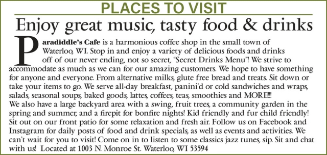 Enjoy Great Music, Tasty Food & Drinks, Paradiddle's Café, Waterloo, WI