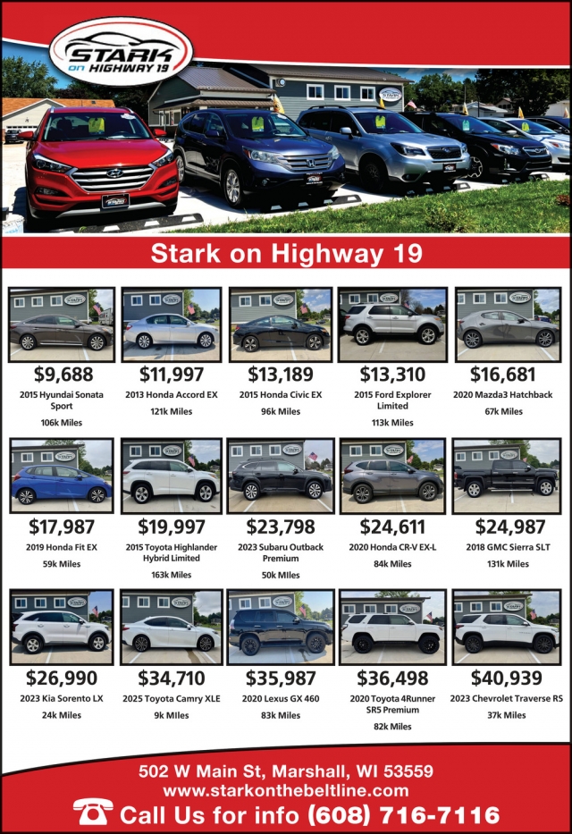 Cars for Sale, Stark on Highway 19, Marshall, WI