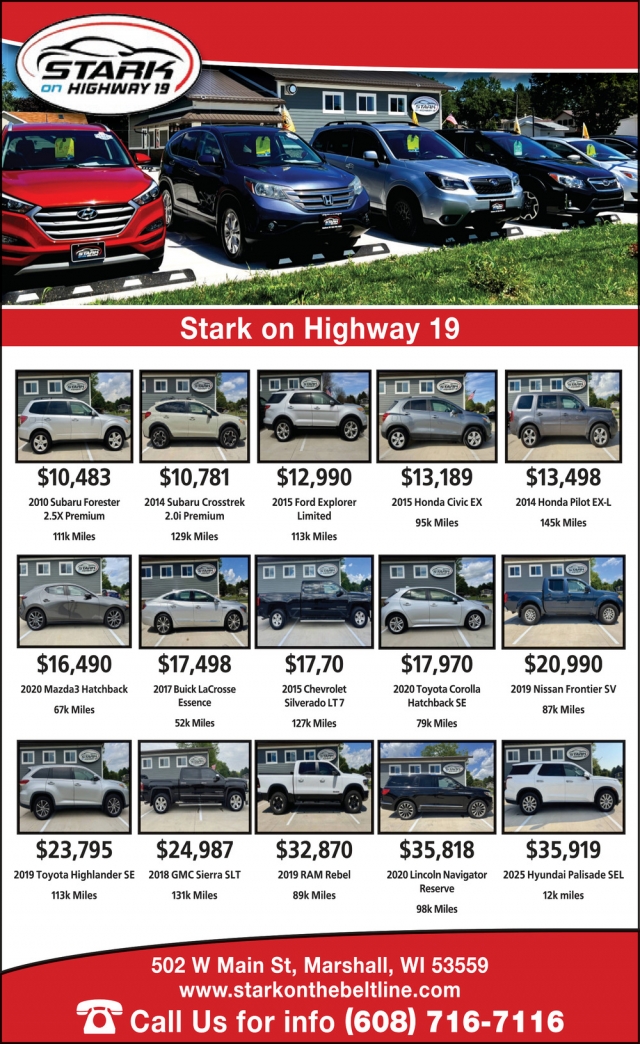 Cars for Sale, Stark on Highway 19, Marshall, WI