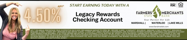 Legacy Rewards Checking Account, Farmers Merchants State Bank, Oconomowoc, WI
