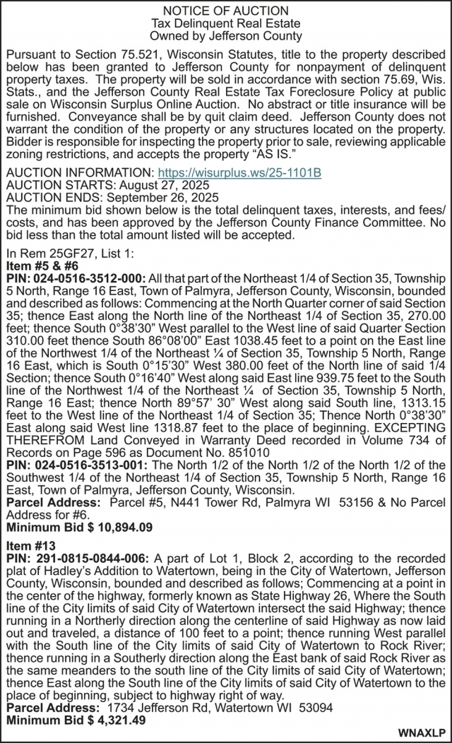 Notice of Auction, Jefferson County, Jefferson, WI